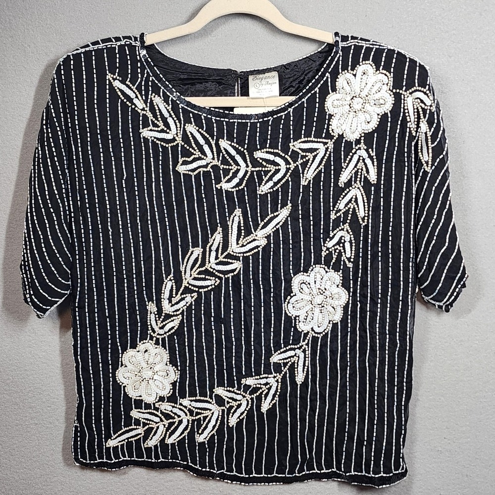 Vintage Elegance‎ by Anujan Beaded Silk Top Womens Large Black Floral Sequin